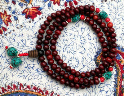 Red Sandalwood Mala with Turquoise and Coral Markers